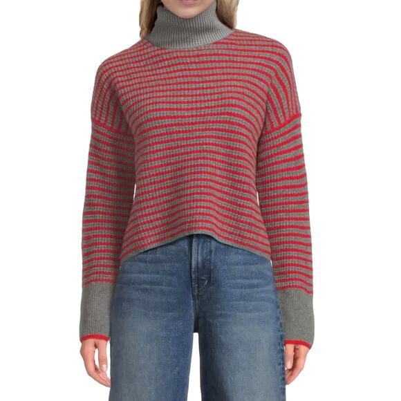 Madewell Wool Waffle Knit Turtleneck Sz S New $118 Grey Red Stripe Crop Sweater - Picture 1 of 8
